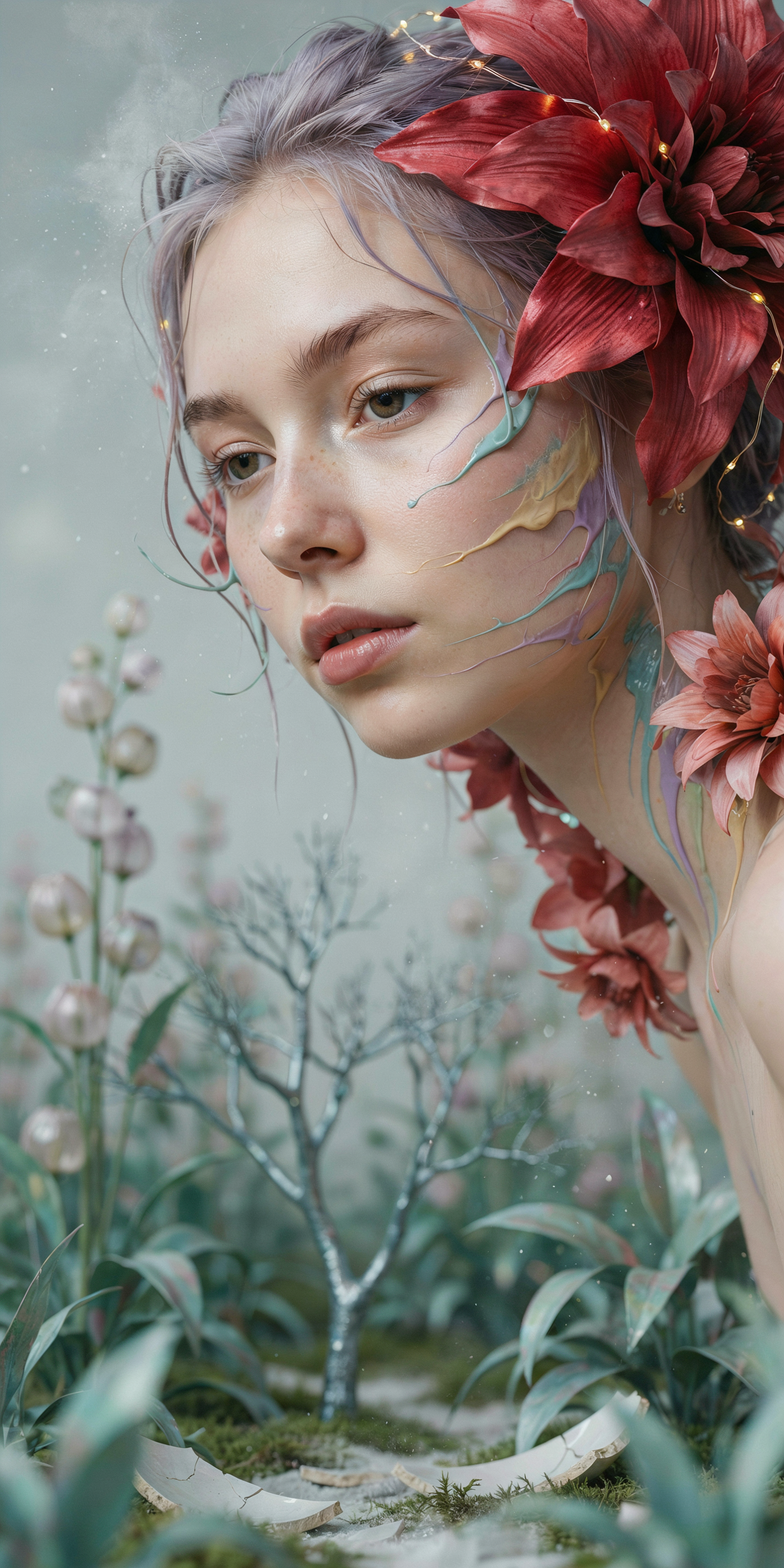 ideogram ideogram 4 editorial photoshoot of a womans face in a pastel dream colors flowing from her 
