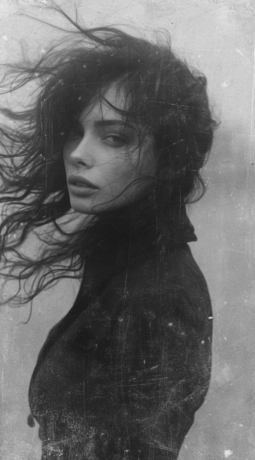 midjourney 6 a woman with long wild hair on a windy day in the style of toy camera effects haunting 