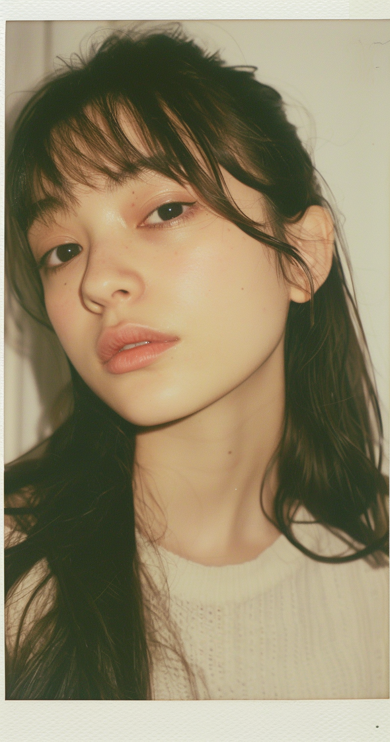 midjourney 6 japanese girl 18 21 years old brown hair high quality photo portrait shot on a polaroid