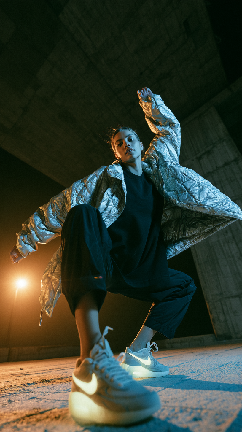 midjourney shatter editorial photography tilt shot wide angle female model wearing quilted metallic 