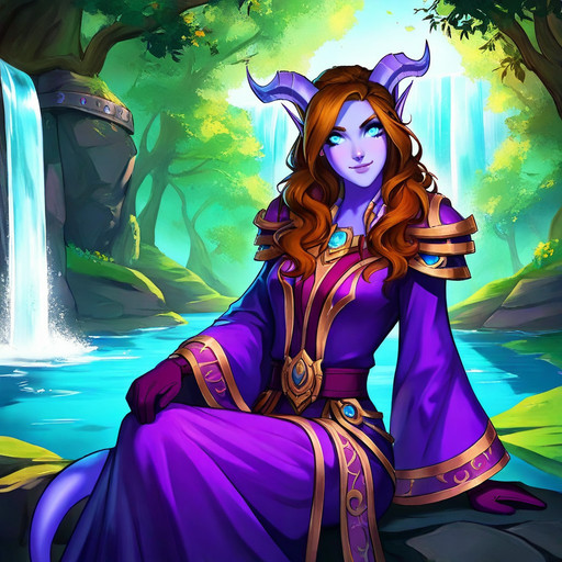 masterpiece, high quality, 1female, solo, adult, highly detailed, World of Warcraft, WoW, draenei, drnei, purple skin, blue eyes, brown hair, long hair, wavy hair, pointy ears, horns, tail, shoulderpads, purple robe, ornate robe, purple gloves, beautiful face, smiling, sitting, day, waterfall, forest, front view, details