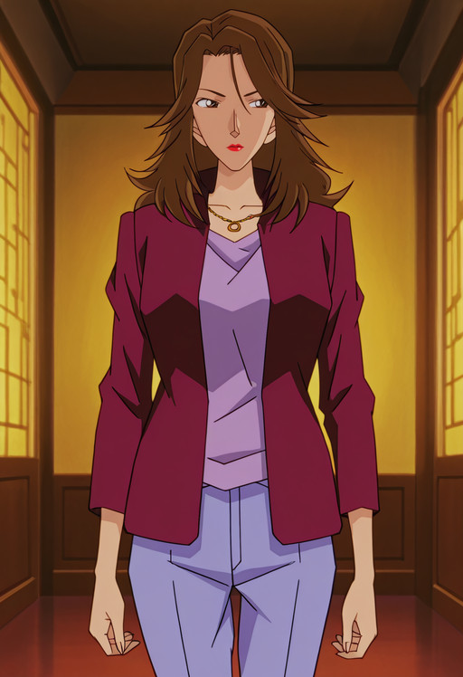 highres, ultra-detailed,very aesthetic,best quality, 5 fingers, rakugakingu
uncensored, (cirima:0.7), anime coloring,  (blurry background,:1.3)  , dim lighting, 

1girl,  jinnotamaki, brown hair, long hair, lipstick, red lips, brown eyes,mature female, 
 necklace, jacket, pants,