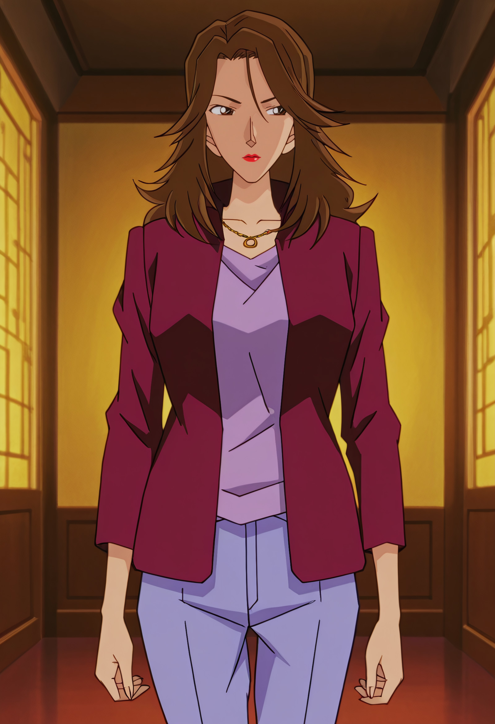highres, ultra-detailed,very aesthetic,best quality, 5 fingers, rakugakingu
uncensored, (cirima:0.7), anime coloring,  (blurry background,:1.3)  , dim lighting, 

1girl,  jinnotamaki, brown hair, long hair, lipstick, red lips, brown eyes,mature female, 
 necklace, jacket, pants,
