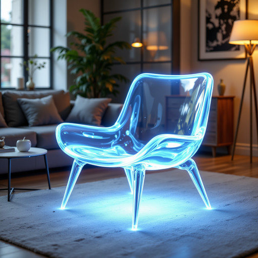 a half-transparent glowing Scandinavian armchair appearing as an augmented reality object in a modern living room, glowy edges, transparent glowing legs, perfectly clean surface, realistic room lighting and shadows, digital overlay aesthetic, smartphone AR demo style, 4k <lora:FL_IL_detailer:0.8>