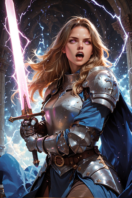 1girl, weapon, sword, armor, solo, cape, holding, holding weapon, open mouth, long hair, holding sword, blue cape, glowing, teeth, blue eyes, brown hair, gauntlets, purple eyes, shoulder armor, knight, breastplate, glowing weapon, belt, glowing sword, magic, two-handed, light trail, glowing eye, plate armor, blonde hair, electricity, upper teeth only, pauldrons, faulds, eye trail  masterwork, masterpiece, best quality,  detailed, depth of field, , high detail, best quality, very aesthetic, 8k, dynamic pose, depth of field, dynamic angle, adult,  aged up <lora:rimixo.em7s:0.8>