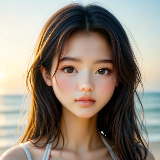 score_9, score_8_up, score_7_up, rating_safe,Medium shot,4n1v3rs3,youthful_face-Asian, waist-up portrait of a beautiful youthful -Asian girl with long  hair, plenty of negative space above head, head and shoulders fully visible, centered, looking at viewer, beach background, cinematic lighting, (masterpiece, best quality:1.2), 1girl, solo, high quality, vintage aesthetic, cel shaded,girl, close-up grainy,best quality, clear features, maximum quality