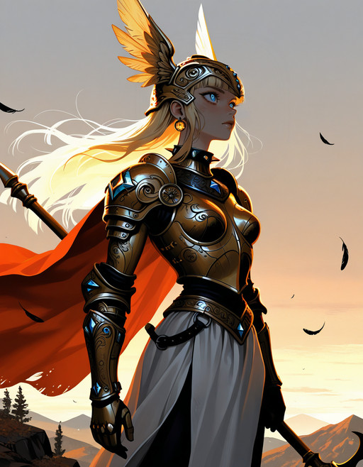 <lora:Utility_-_Detail_Enhancer_by_BSS_v3:0.75>, <lora:Utility_-_Visual_Enhancer_by_BSS:0.75>, <lora:Artist_Style_-_h4llow3en_by_Shiiro_ILXL:0.25>, h4llow3en_illu, horror \(theme\), grunge, weirdcore, <lora:Artist_Style_-_mon_aka_monmon2133_by_wwHEY_ILXL:0.25>, <lora:Artist_Style_-_R1n_981_strong_by_Shiiro_ILXL:0.25>, rin_981_b, abstract, <lora:Artist_Style_-_Zer0h_ILXL:0.25>, zer0hstyle, glitch, (masterpiece, very aesthetic, very awa, newest, ultra-detailed, detailed textures, best quality, absurdres, 8k, correct anatomy:1), <lora:Character_-_Magik_from_Marvel_Rivals_ILXL:0.7>,blonde hair,blue eyes,long hair,jewelry,earrings,hair ornament,blunt bangs,medium breasts,wavy sidelocks,toned female,spiked collar,lips,,
1girl,fantasy female warrior,valkyrie,ancient armor,golden ornate helmet,winged helmet,intricate engravings,bronze pauldrons,gauntlets,leather bracers,white tunic,layered fabric,tattered red cape,scarf ,mountainous landscape,misty valley,rocky cliffs,autumn trees,foggy atmosphere,ethereal lighting,cinematic composition,cowboy shot,standing tall,heroic pose,golden hour lighting,soft sunlight,dramatic shadows,warm earth tones,bronze and gold accents,muted natural colors,atmospheric haze,loose hair,holding polearm,floating cape,wind,looking up,falling feathers,, detailed_hand, elegant_fingers,  exactly 5 fingers, thumb