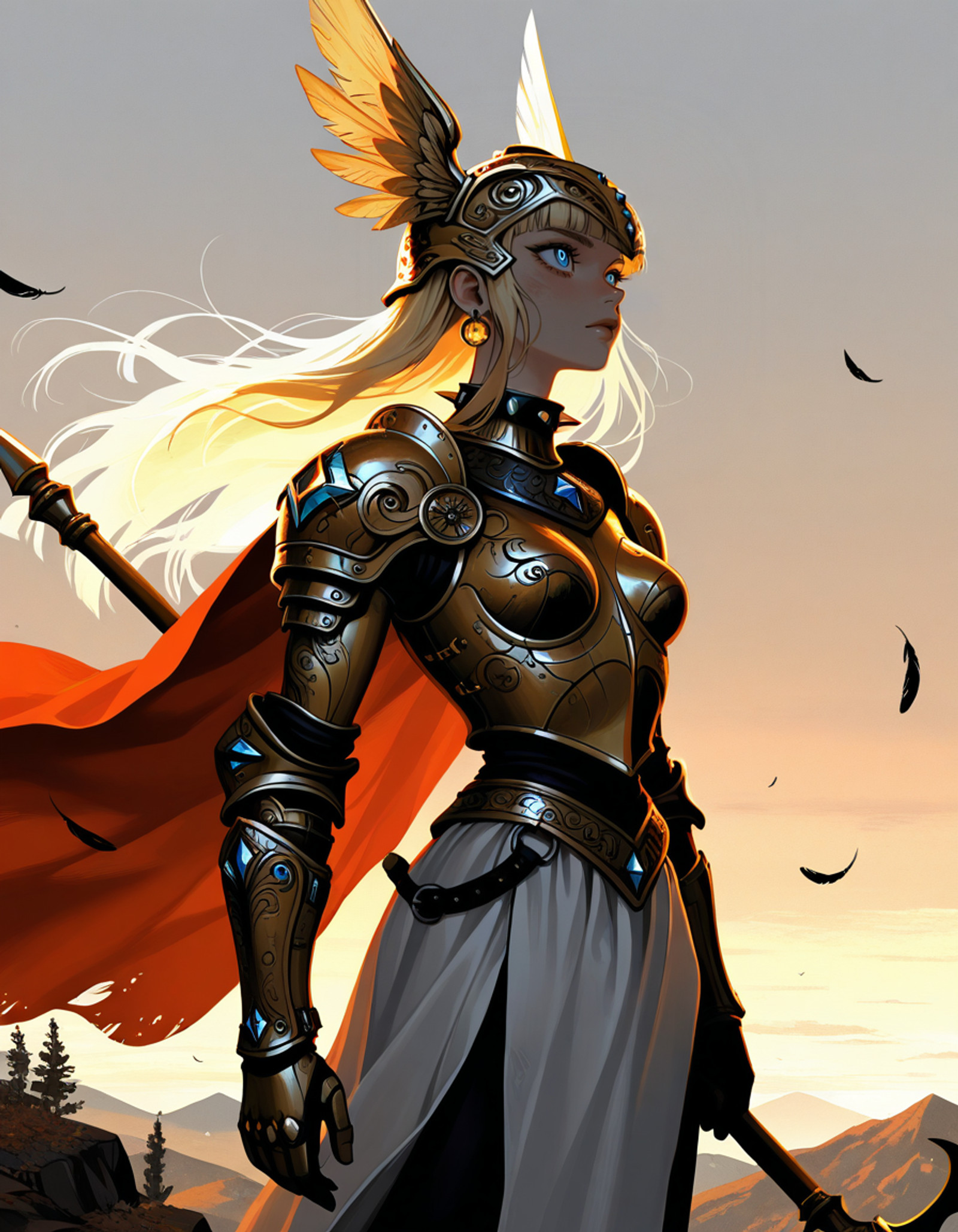 <lora:Utility_-_Detail_Enhancer_by_BSS_v3:0.75>, <lora:Utility_-_Visual_Enhancer_by_BSS:0.75>, <lora:Artist_Style_-_h4llow3en_by_Shiiro_ILXL:0.25>, h4llow3en_illu, horror \(theme\), grunge, weirdcore, <lora:Artist_Style_-_mon_aka_monmon2133_by_wwHEY_ILXL:0.25>, <lora:Artist_Style_-_R1n_981_strong_by_Shiiro_ILXL:0.25>, rin_981_b, abstract, <lora:Artist_Style_-_Zer0h_ILXL:0.25>, zer0hstyle, glitch, (masterpiece, very aesthetic, very awa, newest, ultra-detailed, detailed textures, best quality, absurdres, 8k, correct anatomy:1), <lora:Character_-_Magik_from_Marvel_Rivals_ILXL:0.7>,blonde hair,blue eyes,long hair,jewelry,earrings,hair ornament,blunt bangs,medium breasts,wavy sidelocks,toned female,spiked collar,lips,,
1girl,fantasy female warrior,valkyrie,ancient armor,golden ornate helmet,winged helmet,intricate engravings,bronze pauldrons,gauntlets,leather bracers,white tunic,layered fabric,tattered red cape,scarf ,mountainous landscape,misty valley,rocky cliffs,autumn trees,foggy atmosphere,ethereal lighting,cinematic composition,cowboy shot,standing tall,heroic pose,golden hour lighting,soft sunlight,dramatic shadows,warm earth tones,bronze and gold accents,muted natural colors,atmospheric haze,loose hair,holding polearm,floating cape,wind,looking up,falling feathers,, detailed_hand, elegant_fingers,  exactly 5 fingers, thumb
