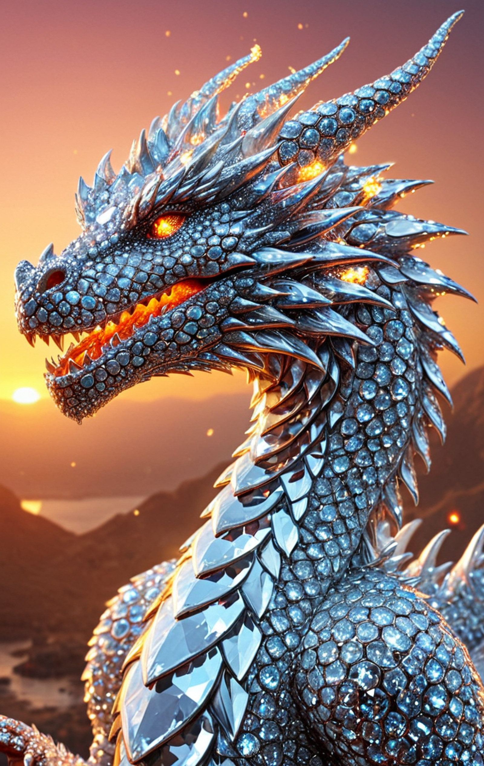 diamondMW, sparkly, <lora:Diamond_World_Morph:0.65> countless diamonds, (fire-breathing Dragon:1.0), (shiny:0.7), elaborate, (ultra realistic:1.2), sunset background, safe_pos