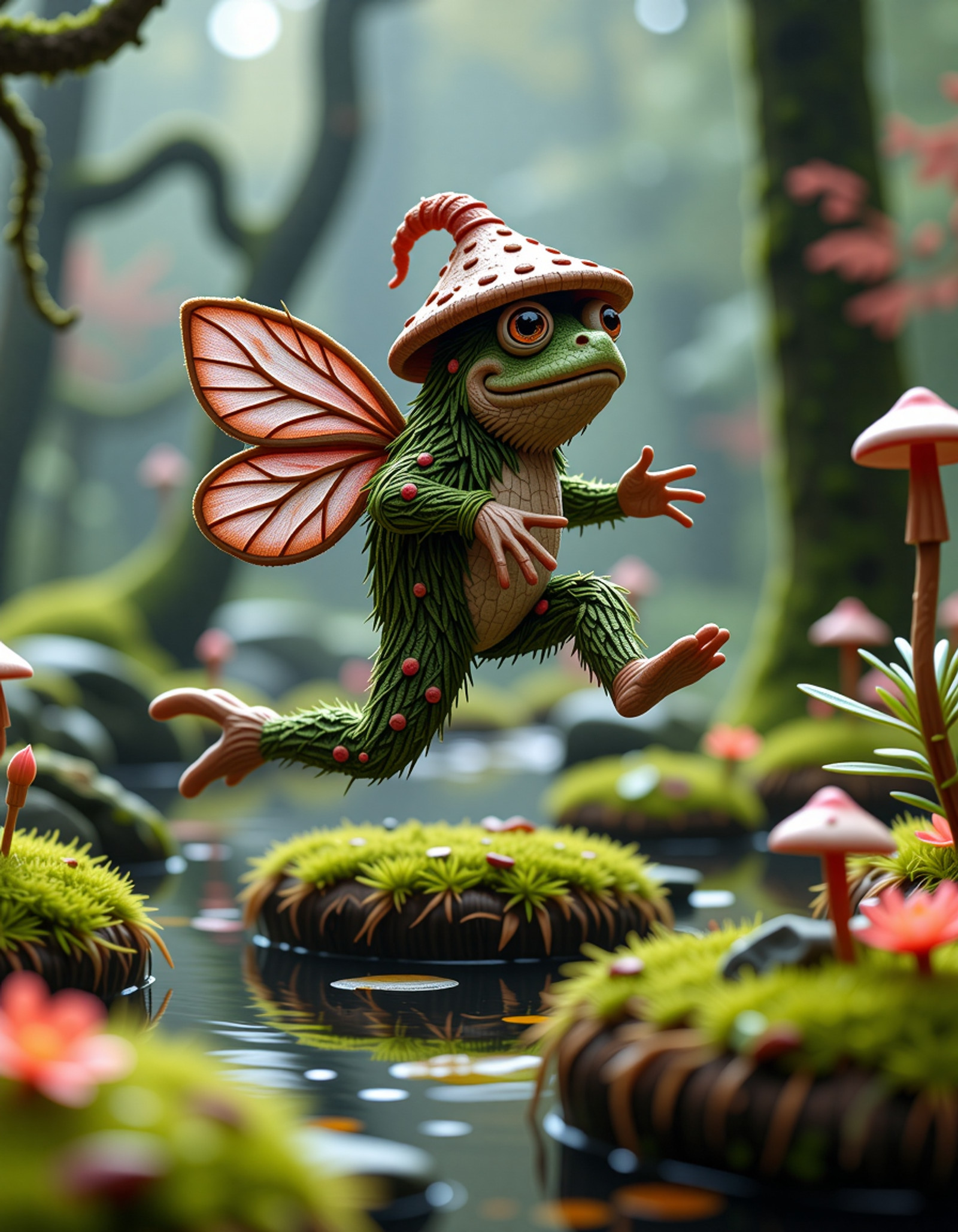 cute, humorous, witty, funny, comical, made of fir needles
one
shy
amphibious
woodland spirit
with
nebula wings
and
mushroom hats
leaping in slow motion across
terraced floating gardens
in a misty enchanted swamp
 <lora:fir-needles-flux-v1:1> fir needles, fir needle style, made out of fir needles