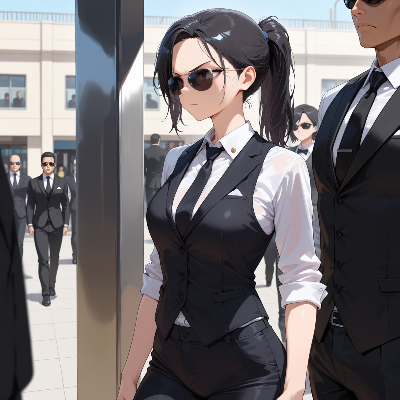 Masterpiece, amazing quality, best quality, high details, 1girl, black hair, ponytail, sunglasses, white button shirts, black  vest, black tie, black pants, bodyguard, serious, public,