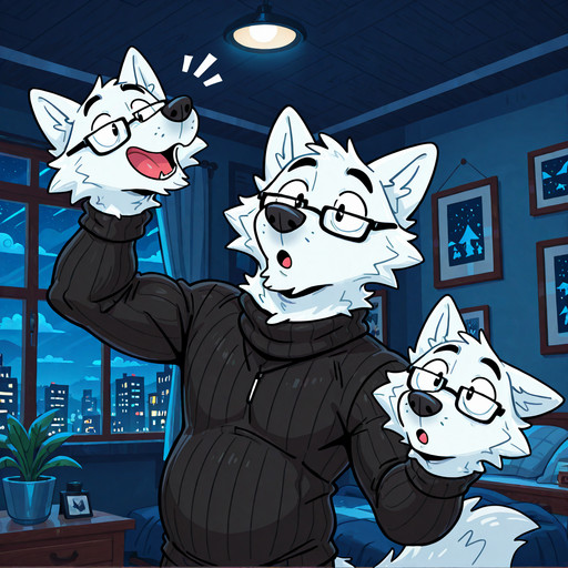 cartoony, arctic fox, black turtleneck, indoors, glasses, (((:o))), night, solo, head hands, mature male