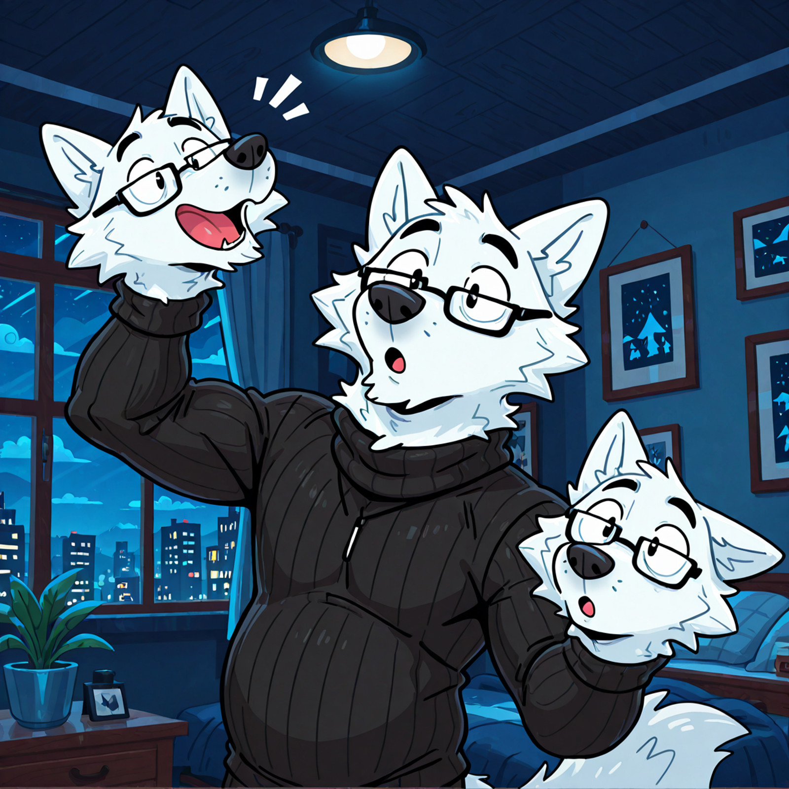 cartoony, arctic fox, black turtleneck, indoors, glasses, (((:o))), night, solo, head hands, mature male