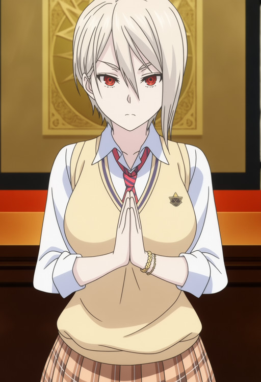 masterpiece, best quality, score_7, amazing quality,, cowboy shot, solo, looking at viewer, , <lora:alice-nakiri-s1-anima-lora-nochekaiser:1>, alice nakiri, nakiri alice, short hair, red eyes, white hair, hair between eyes, mature female, large breasts, anime screencap, skirt, shirt, jewelry, pleated skirt, necktie, striped, bracelet, sweater, plaid, plaid skirt, striped necktie, white shirt, collared shirt, light brown sweater,, own hands together, synagogue, prayer, religion, star of david, scrolls,