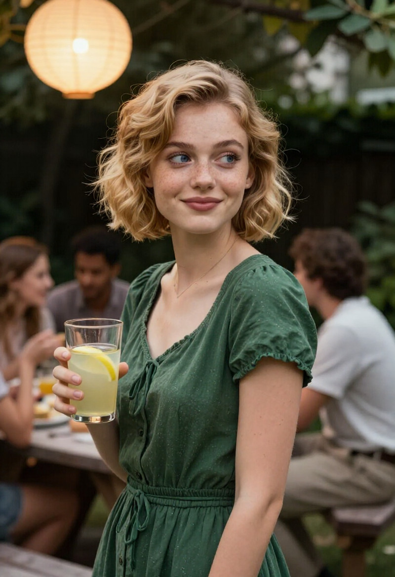 young adult European woman, short softly curled blonde bob framing her face, expressive blue eyes, heart-shape