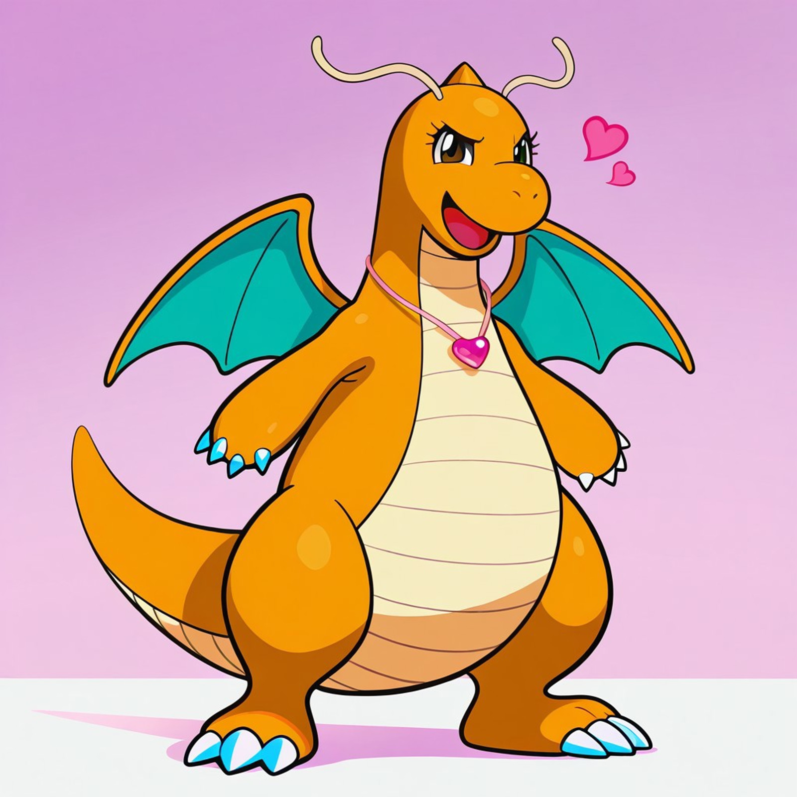 (((SFW, safe for work, PG, clean))))
dragonite, pokemon, light orange skin, dark eyes, light cream underbelly, teal wing membranes, wings, three claws on each foot, three claws on each hand
female, girly, (((long eyelashes))), very feminine 
full body, solo, wearing pink heart necklace, front view, (((smug))), long eyelashes, (((tough))), girly, standing confidently, solo, happy, smiling, smirk, open eyes, open mouth, flirty
 (((soft pink background)))
 score_9, score_8, score_7, no humans, 8k, best quality, amazing quality, (((safe_pos)))