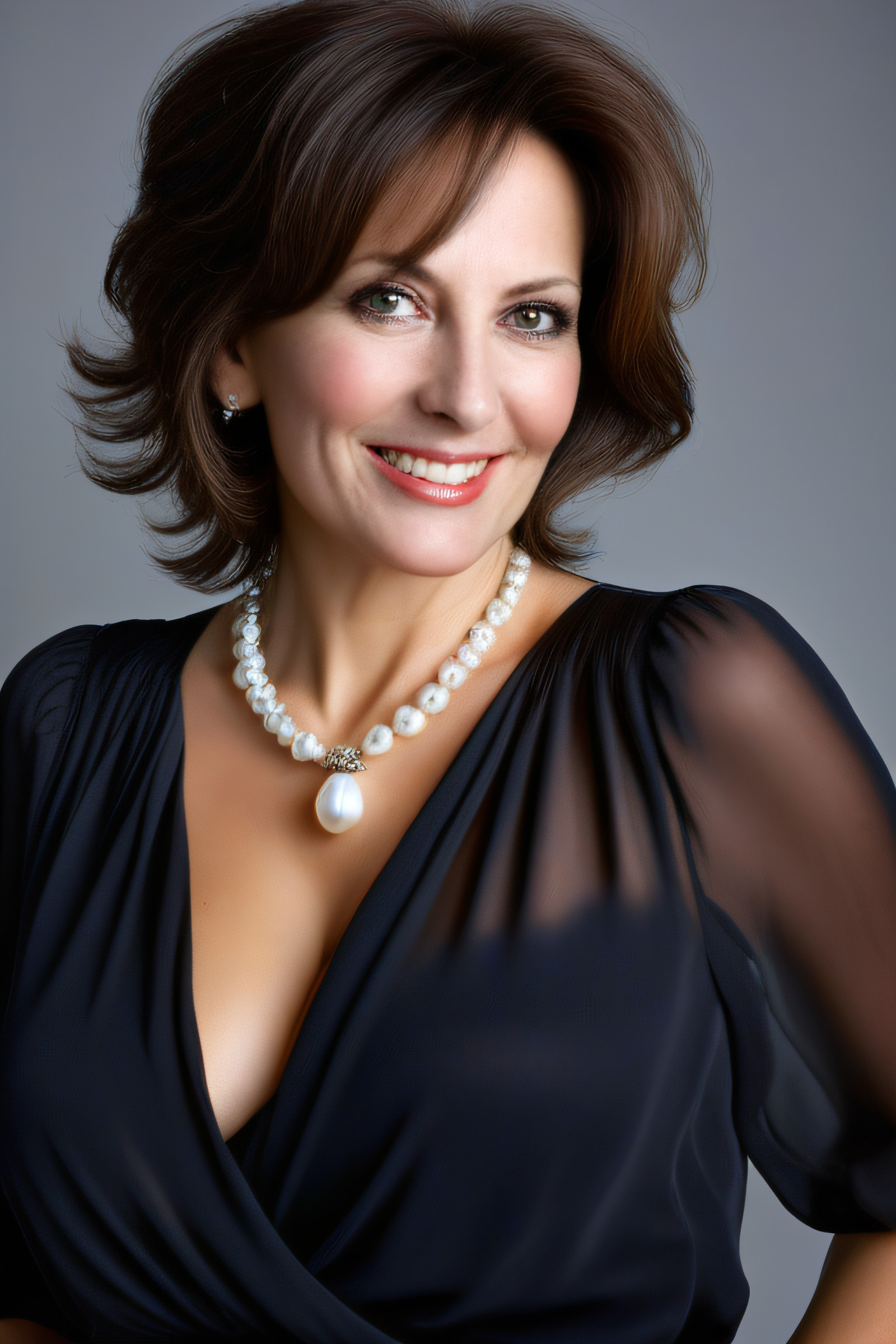 {PM06} three-quarter photo, from the waist up, a mature woman, Italian, 45 years of age, asymmetrical hairstyle, big breasts, loose-fitting silk blouse, deep cleavage, expressive makeup, pearl necklace, (perfect eyes, perfect hands, coquettish smile)
