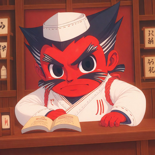 solo, General Chop, black hair, book, cat, bulky body, , red skin, animal, 1boy, male focus, indoors, shortstack, no humans, japanese clothes, short, long sleeves, looking at viewer