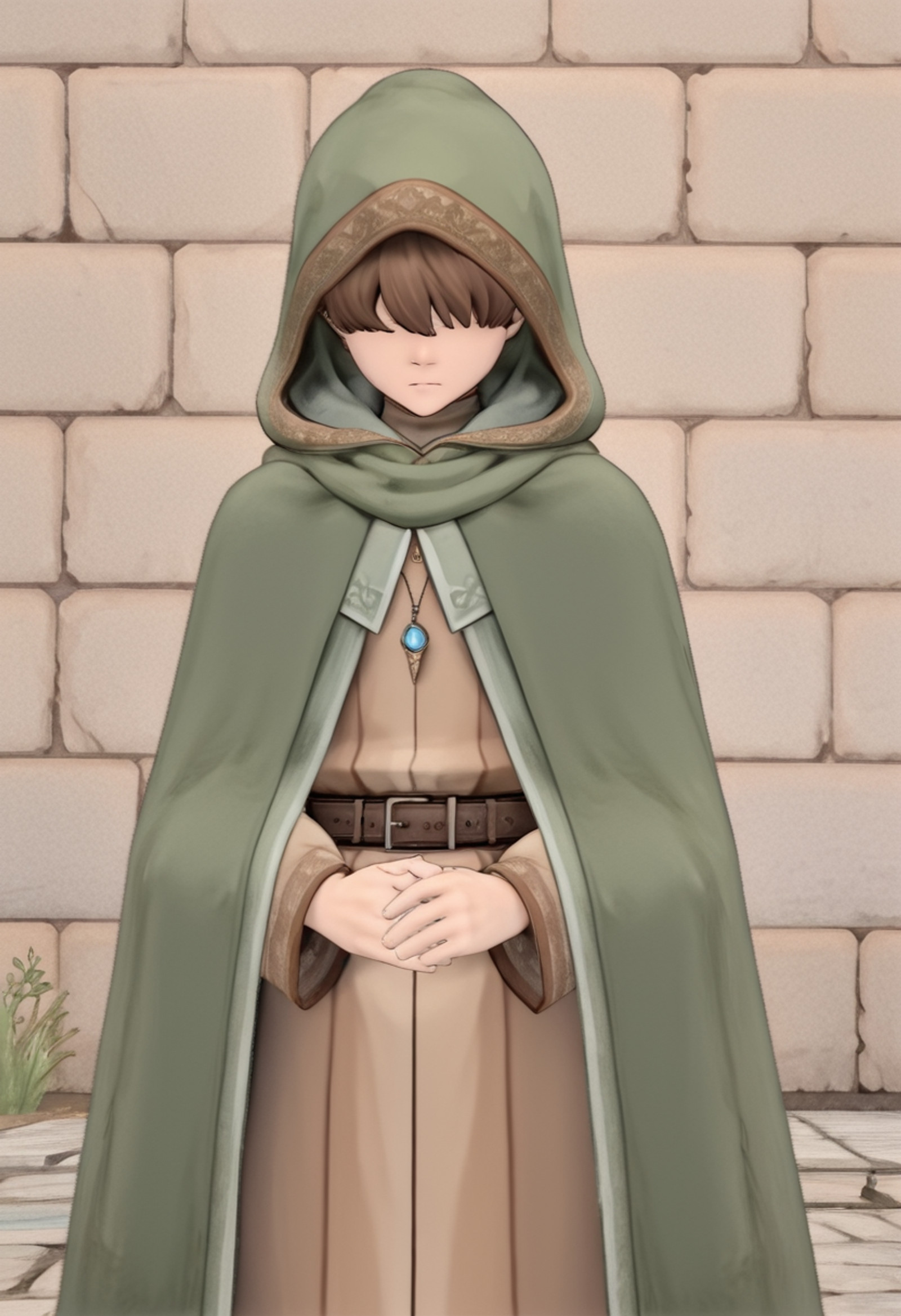 V_C_C_S, 3d, watercolor (medium), masterpiece, best quality, absurdres, 1girl, female focus, solo,F_E_T_M, brown hair, hair over eyes,hood up, hooded cloak,layered cloaks, robe, amulet,belt, outdoors, steppe, stone wall, standing, thinking