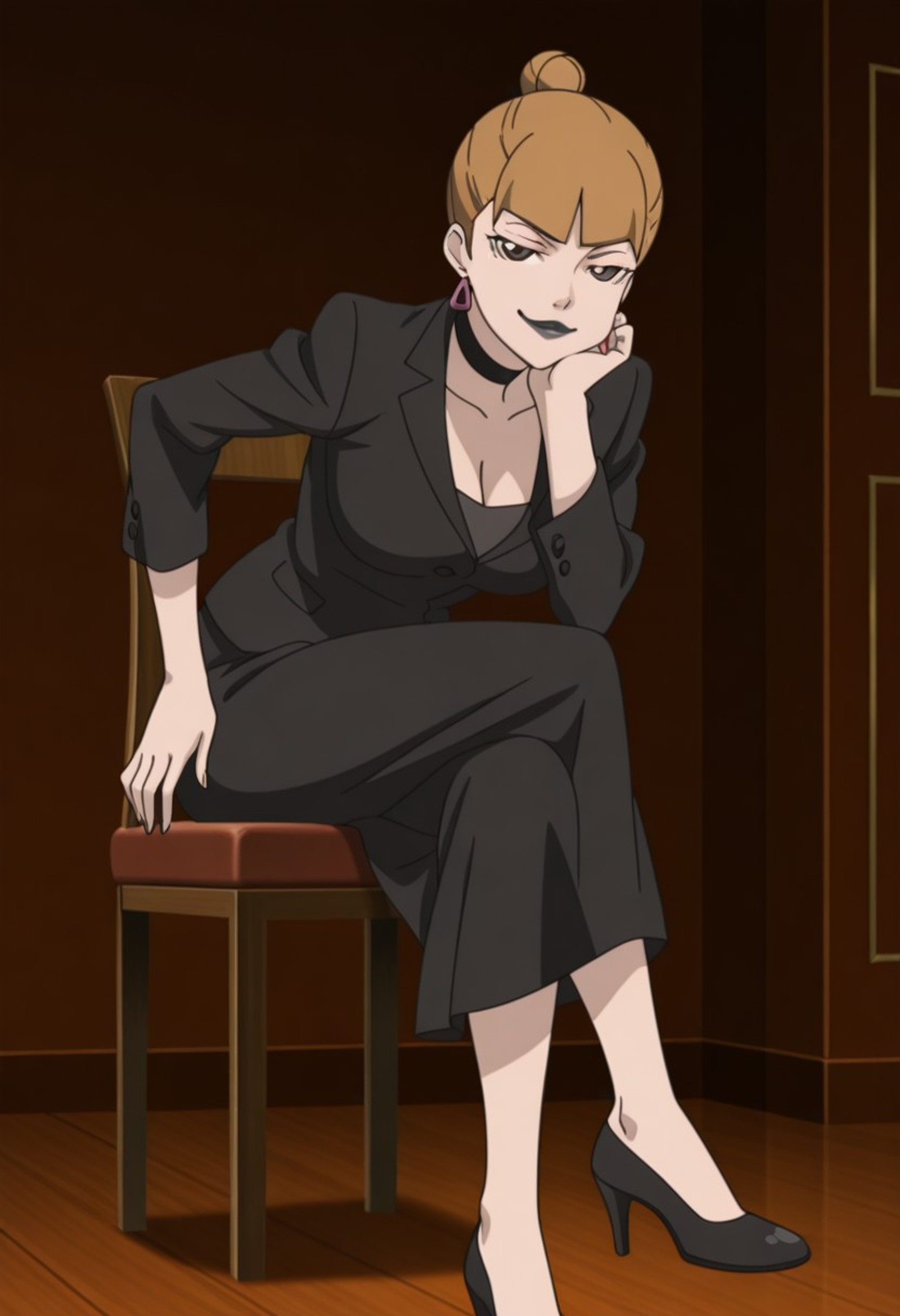 masterpiece, best quality, amazing quality,, <lora:chihiro-kawashima-s1-illustriousxl-lora-nochekaiser:1>, chihiro kawashima, brown hair, brown eyes, hair bun, makeup, single hair bun, black lipstick, earrings, large breasts, anime screencap, bent over, smug,, goth, <lora:transparent-background-illustriousxl-lora-nochekaiser:1>, cafe background, simple background, sitting down, crossed legs, high heels, full view, dynamic pose, dynamic shot, full body,