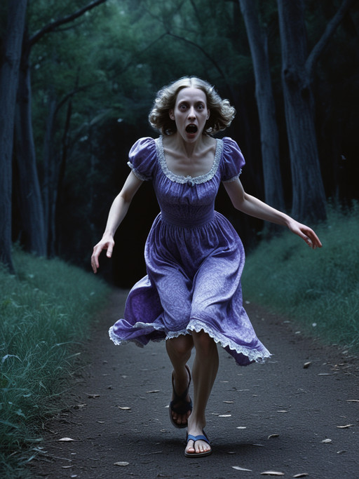 ornate chests, william wegman, framing, plumpurple, phantom invocation, being chased, evil, scary, haunting, lurking, demonic, horror movie scene, Young woman escaping, running, wearing a summer dress, sandals, detailed face, detailed mouth and lips, detailed eyes,