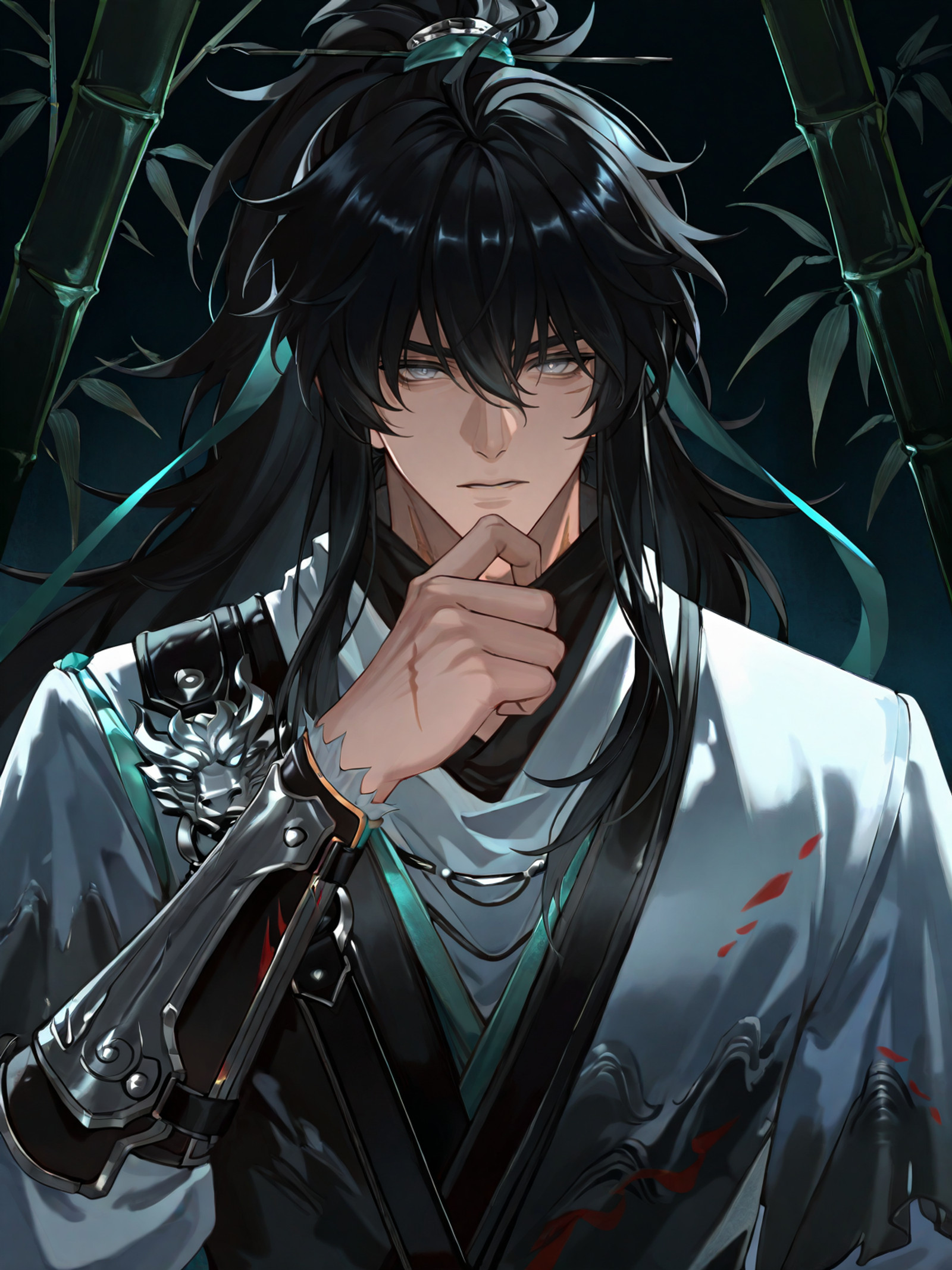 qiuyuan,masterpiece,newest,1boy,solo,arm armor,black hair,grey eyes,hair ribbon,long hair,ponytail,white cloak,scar on cheek,silver dragon shoulder ornament,<lora:illi:0.3>,<lora:yao-000100:0.4>,looking_at_viewer,<lora:qiu11-000039:0.9>,<lora:reiXLNB11lokrV63P1:0.4>,(bamboo forest:0.9),absurdres,upper_body,front view,dark,<lora:åå½±æåº¦æ»å:-1>,