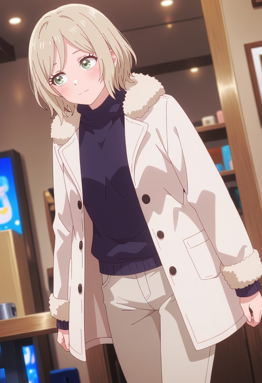 masterpiece, best quality, score_7, highres, absurdres, Sparkling eyes, shy smile, slight blush, anime screenshot, safe, kmnyume, short hair, blonde hair, green eyes, solo,  winter clothes, winter coat, white coat,open coat, white pants, fur-trimmed coat,, leaning to side, dynamic angle, dynamic pose,,