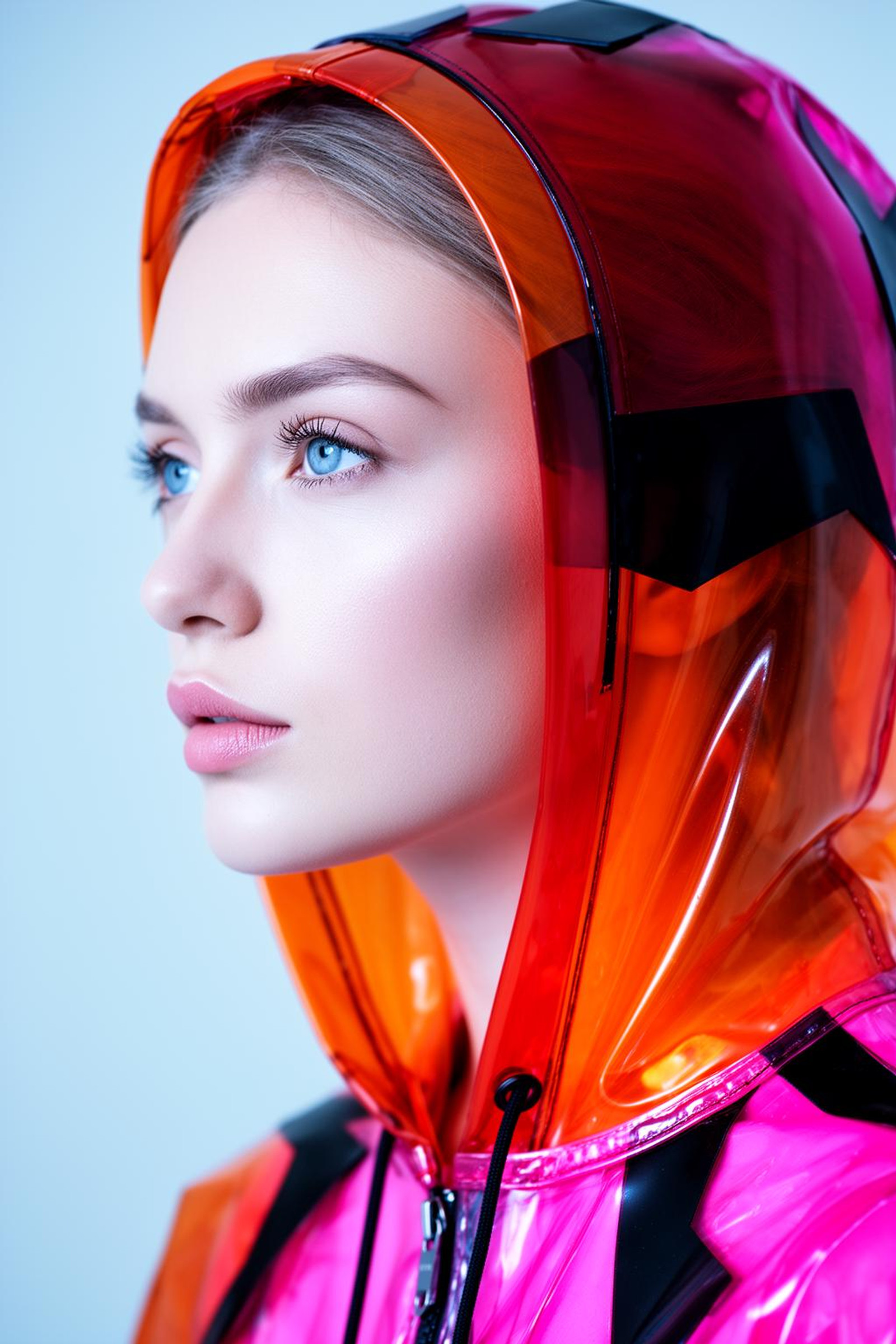 Side profile close-up headshot of a young woman with light blue eyes, gazing into the distance. She wears a futuristic, semi-transparent hoodie constructed from glossy, multi-colored plastic patches in vibrant shades of red, orange, and pink with sharp black accents. The smooth, curved material of the hoodie frames her face, catching bright reflections. Her features are delicately highlighted with subtle makeup, including soft pink lips and fine eyelashes. Soft, cool-toned lighting casts gentle shadows, emphasizing the smooth texture of her skin and the high-gloss finish of the headwear. The background is a minimalist light blue-grey, providing a stark contrast to the saturated colors of the subject. The overall mood is serene and avant-garde, blending high-fashion and sci-fi elements.<lora:TA-2026-04-09-00-45-56-Sideprofil-420:0>