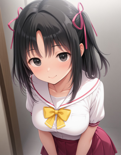 embedding:lazypos, 1girl, portrait, Ogura Yuu, black eyes, two side up, hair ribbon, school uniform, sailor collar, yellow bowtie, white shirt, red skirt, smile
