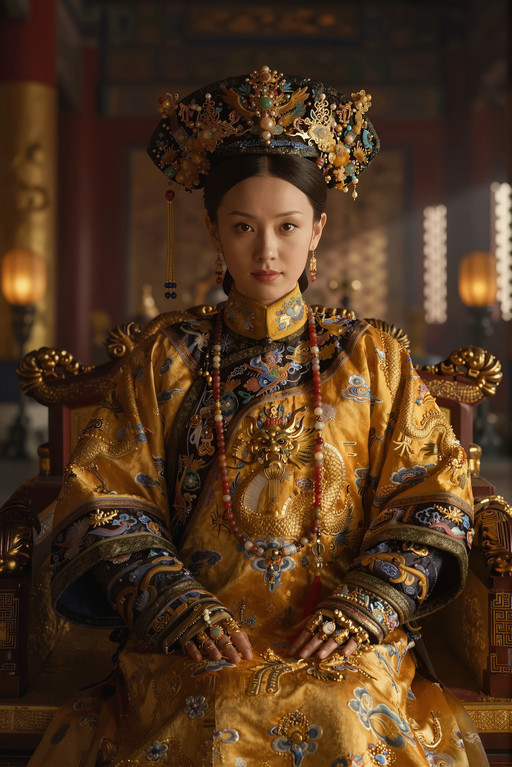 Ultraârealistic, cinematic portrait of Empress Dowager Cixi at the age of 30 in 1865, seated on her imperial throne inside the grand audience hall of the Qing dynasty. She sits with absolute confidence and regal authority, posture straight and commanding, radiating intelligence, ambition, and unshakable control over the empire. Her expression is calm, composed, and subtly fierce, embodying the certainty of a ruler who knows her power.
She wears an opulent Qing imperial robe embroidered with golden dragons, clouds, and auspicious symbols, shimmering under the dramatic lighting. Her headdress is a richly adorned liangbatou decorated with pearls, jade ornaments, kingfisher feathers, and gold filigree. Her hands rest with controlled elegance on the carved armrests of the throne, her fingers adorned with simple, refined gold fingertip caps typical of Qing imperial fashion.
Her face is youthful yet authoritative.
Facial details:
â Eyes: almondâshaped, deep darkâbrown irises, sharp and penetrating gaze full of political mastery.
â Eyebrows: refined, slightly arched, giving her a look of intelligence and quiet dominance.
â Nose: straight and elegant, noble profile.
â Cheekbones: high and softly sculpted, catching the warm imperial light.
â Jawline: smooth but firm, conveying strength.
â Chin: gently pointed, enhancing her imperial poise.
â Mouth: full lips with a subtle, confident, sovereign halfâsmile.
â Skin: porcelainâsmooth with warm undertones, illuminated by soft golden highlights.
â Hair: glossy black hair arranged in an elaborate imperial style, adorned with gold and jade ornaments.
Lighting is dramatic and cinematic: warm golden beams from lanterns and windows illuminate her face and robe, while deep shadows emphasize the monumental presence of the throne. The background shows towering red pillars, carved dragons, silk banners, lacquered screens, and incense smoke drifting through the air. Aesthetic: hyperârealistic 8K, imperial grandeur, Qing dynasty opulence, overwhelming power and presence, epic historical cinema.
85mm f/11 clarity photorealistic quality, professional cinematography, directional lighting with sharp dramatic shadows
