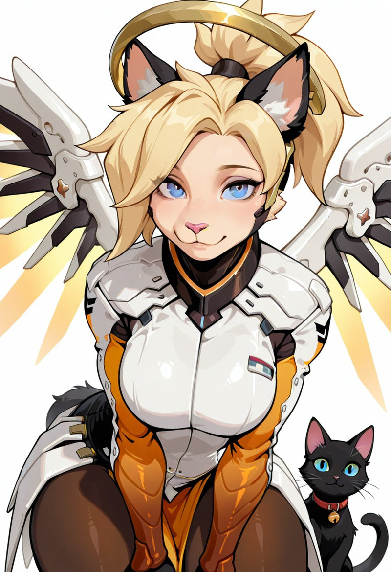masterpiece, best quality, amazing quality,Mercy,blonde hair,blue eyes,mechanical wings,mechanical halo,high p