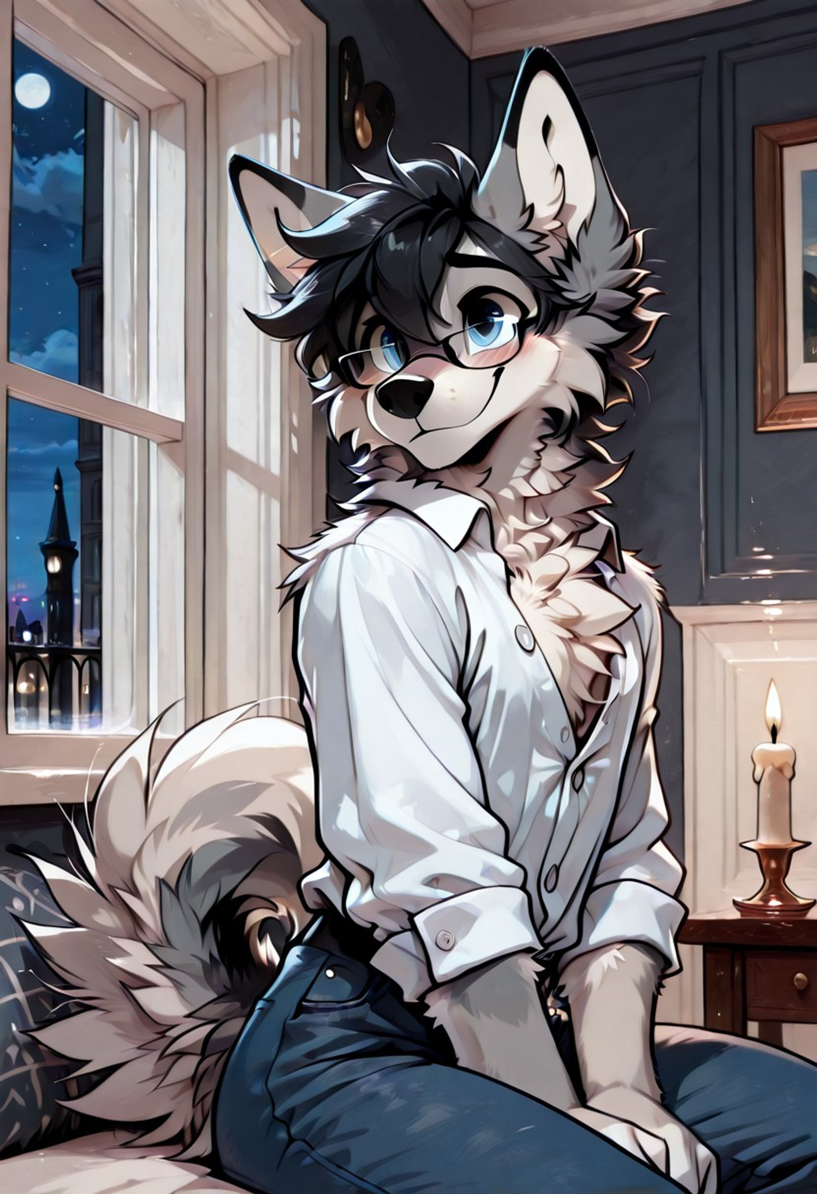 masterpiece, best quality, good quality, newest, absurdres, flat color, solo, 1boy, male, furry male, anthro wolf, rabbit ears, blue eyes, grey fur megafluffy, beige underbelly, beige fur face, ((fluffy)), fluffy fur, cheek tuft ,chest tuft, medium, nervous smile, blush, detailed face, solo, wolf tail, Grey and beige fur, tail down, combed back short hair, black hair, 1950s haircut, black hair, blue eyes, white button up shirt, blue jeans, 1950s glasses, Paris background, sitting, indoors, Infront of window, romantic candle lit dinner, night time