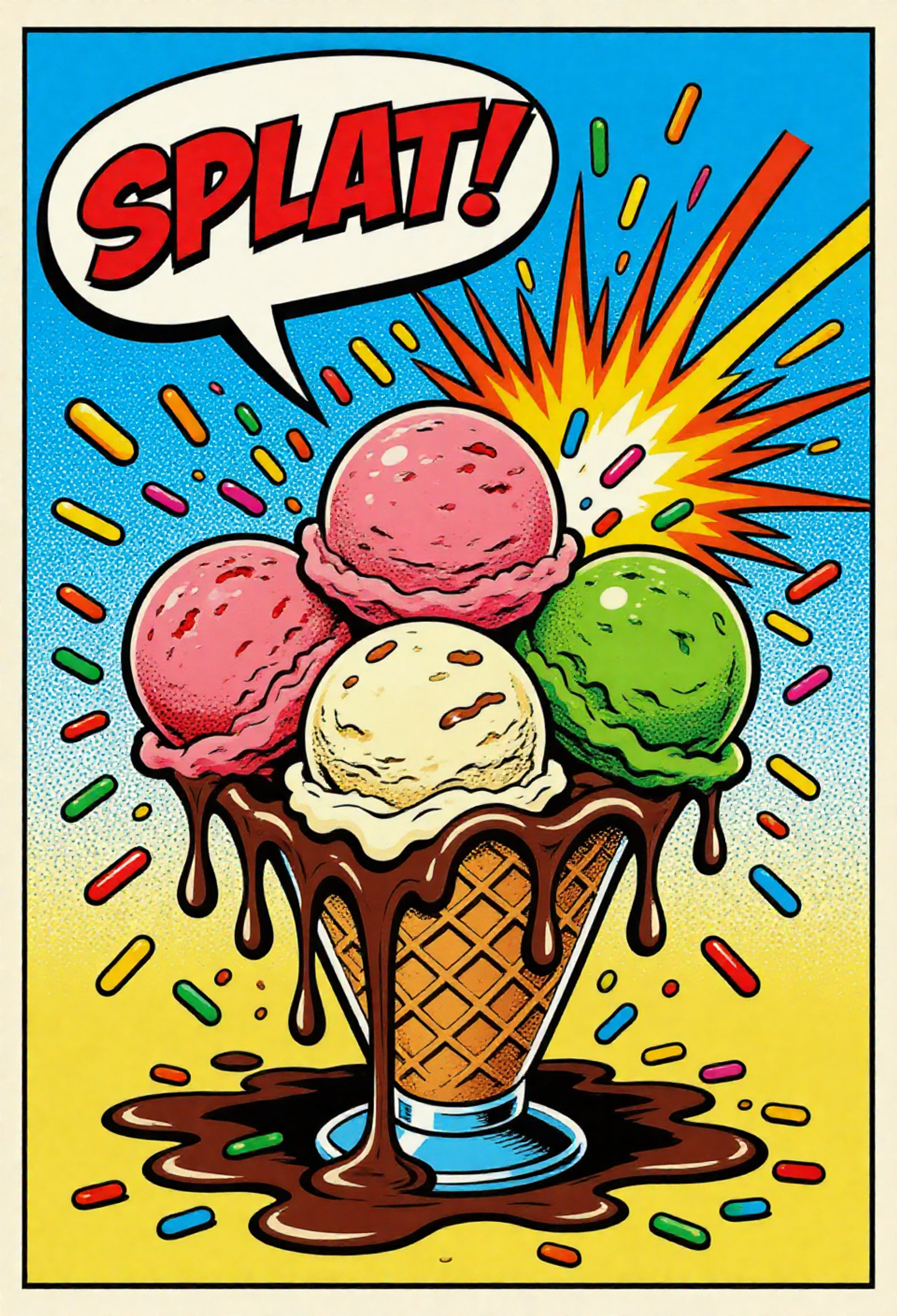 , pop art bold halftones, Enormous multicolored ice cream sundae collapsing, three scoops (strawberry, vanilla, mint) flying apart, chocolate syrup and rainbow sprinkles exploding outward, speech bubble screaming 'SPLAT!', classic 1960s American pop art, thick black contours, vibrant comic book palette, heavy Ben-Day dots