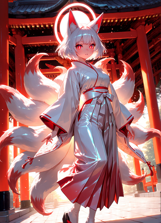 masterpiece, highres, absurdres, newest, best quality, very aesthetic, ultra-detailed, volumetric lighting, dynamic pose, dynamic composition, exquisite expressive eyes, vibrant eyes with reflection, highly defined facial features, perfect face, perfect eyes, fox_girl, kyuubi, miko, white_hair, red_eyes, parted_lips, glowing_eyes, shiny_clothes, gradient_clothes, white_kimono, white_hakama, voluminous_tails, animal_ear_fluff, white_halos, looking_at_viewer,
A radiant nine-tailed fox maiden stands in a bright temple courtyard bathed in warm sunlight. She wears an elegant white kimono with subtle color gradients and a matching white hakama that flows softly around her ankles, while shiny clothes reflect the morning light across her form. Above, a soft white halo glows gently behind her head, contrasting beautifully with her crimson red eyes as she gazes forward with a calm yet divine expression.