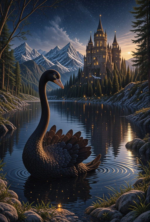 The image depicts a fantasy scene with a large, majestic black swan in the foreground, floating on a calm lake. The swan's feathers are detailed and textured, with a dark brown color, and it has a serene expression with its head slightly turned to the side. The swan is positioned towards the left side of the image, with its body partially submerged in the water, creating gentle ripples around it.
In the background, there is a grand, illuminated castle perched on a hillside, surrounded by snow-capped mountains. The castle features multiple spires and towers, with warm yellow lights emanating from its windows, giving it a magical appearance. The castle is situated towards the right side of the image, with its reflection visible in the lake.
The sky is filled with stars, adding to the enchanting atmosphere. The stars are scattered across the dark blue night sky, with a few wispy clouds visible. The scene is framed by trees and rocks on either side of the lake, with some small glowing lights, possibly fireflies, floating in the air, adding a magical touch to the setting.
The overall style of the image is highly detailed and realistic with a fantasy twist, reminiscent of digital painting or concept art. The process/style used to create the image appears to be digital painting or illustration, with a focus on intricate details and a dreamlike quality.