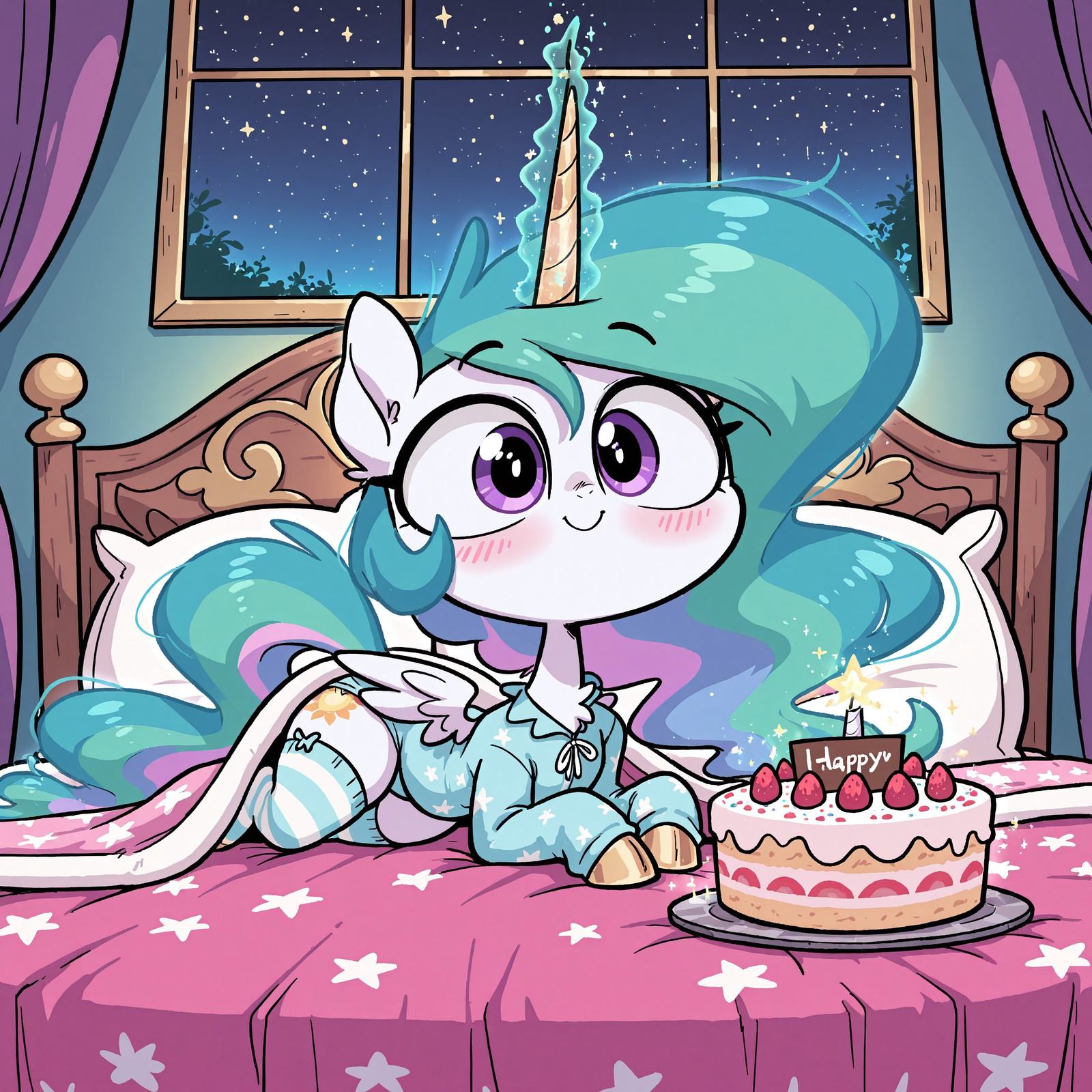 masterpiece, best quality, amazing quality, absurdres, wide angle, diives, valbun, BREAK Princess Celestia, My little Pony, solo, feral body, feral, alicorn, pony, feral, gold hooves, Purple Eyes, White Skin, (white unicorn horn:1.3), magic horn, Pegasus Wings, Light cerulean Hair with Light turquoise, Very light cobalt blue and Pale heliotrope streaks, Multicolored Hair, (cute face, happy expression), fluffy ears, indoors, night, lying on bed, playful pose, cute look, blushing, royal bedroom scene, night, (big cake), soft pillows, messy blanket, cozy lighting, wearing pajamas, knee-high socks, detailed background