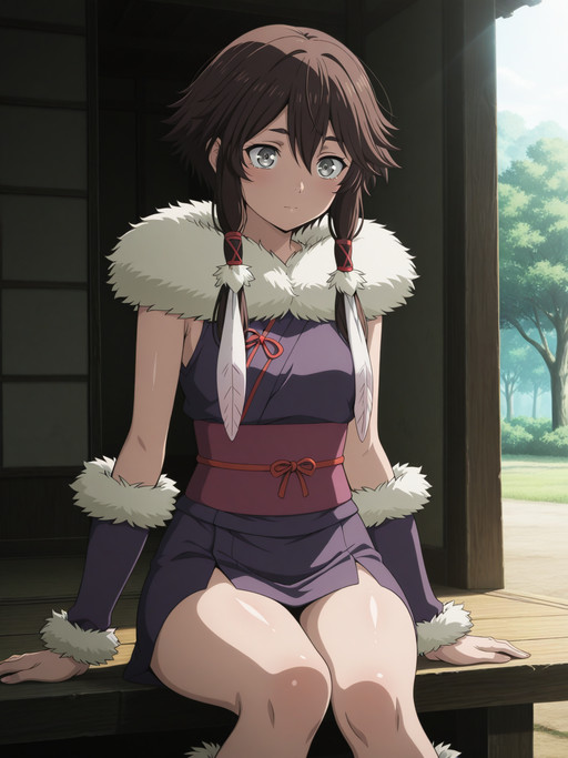 masterpiece,best quality,amazing quality,very aesthetic,absurdres,ultra detailed face,ultra detailed eyes, contrast lighting, shiny skin, glossy skin, 1girl, anime screencap,
(Tsetsi, gray eyes, brown hair, short hair with long locks, hair ribbon),
short kimono, sash, fur trim, purple boots,
cowboy shot, outdoors, daylight, sitting,