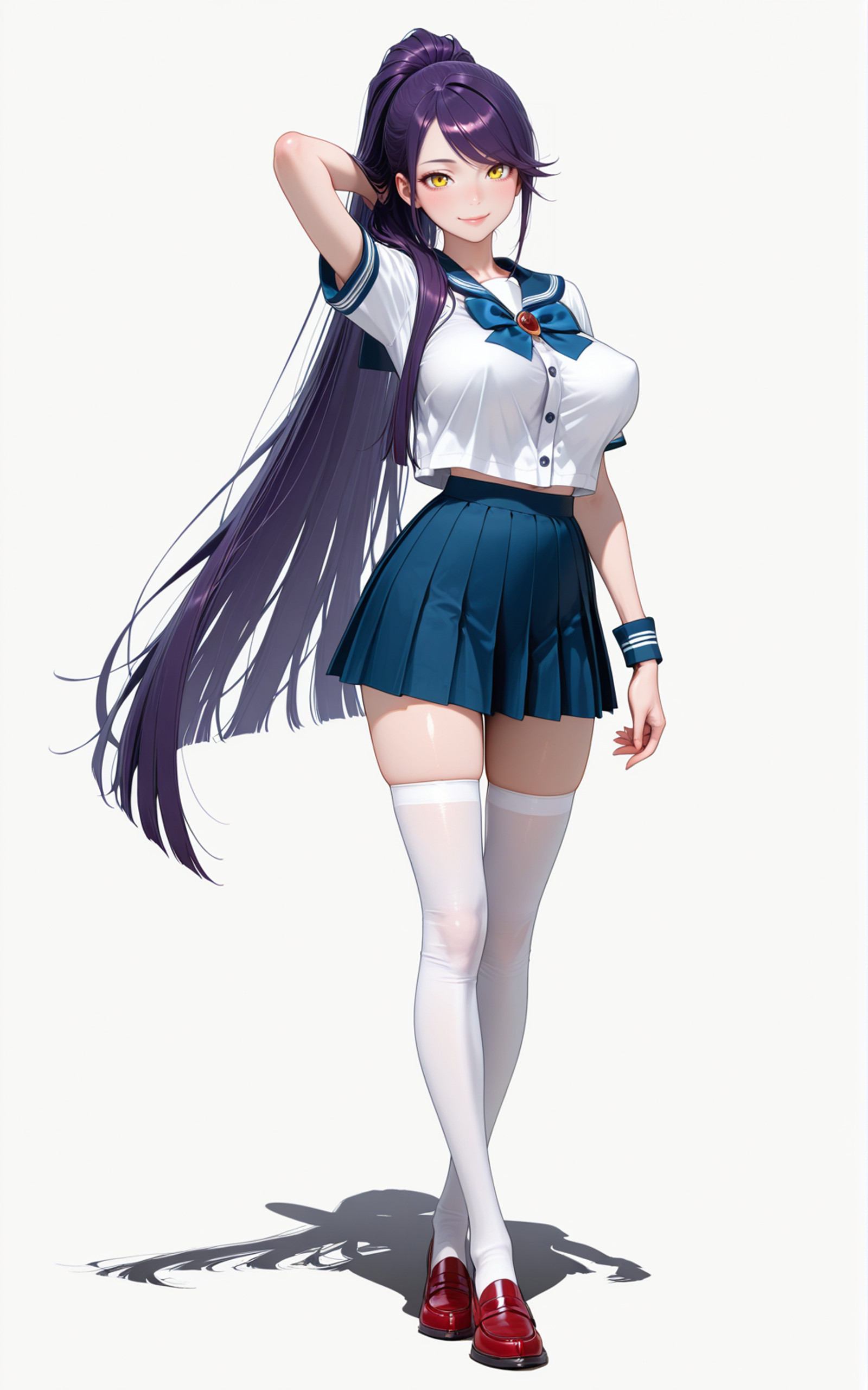 masterpiece, best quality, amazing quality, 1girl, solo, skinny,  full body, yellow eyes, looking at viewer, smile, lips, swept bangs,  purple hair, very long hair, big hair,  ponytail,  blunt ends, hair over shoulder, large breasts, perky breasts,   serafuku, blue bow, bowtie, brooch, red gemstone, white shirt, buttons,  short sleeves, sleeve cuffs, blue skirt, pleated skirt, zettai ryouiki, white thighhighs, red footwear, loafers, standing, arm behind head, white background   <lora:illustriousXLv01_stabilizer_v1.198:0.5>