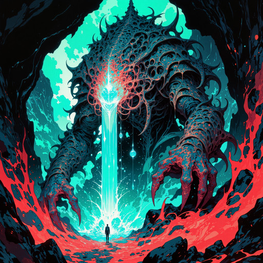 marvellous and wonderful scenery on a distant world, famous artwork inspired by vincent chong and arthur rackham and anato finnstark and aaron horkey,  the imposing "xyloid dreadfunk", a fantastical alien zoodlecrisp with its iridescent warty hide is well adapted to hunt its prey, the "old-fashioned prattleplink" in the shimmering crystalline forests of the zorbgaffeling and vast underground caves on planet "zynkelbold v", creature focus, very aesthetic, extremely detailed, ultra high resolution, 8k, 4k, harmonising colors, wine red and peacock blue and sea green and royal purple and jet black, ovg, in the style of ckpf, amanoer, <lora:style-painterly_fantasy-flux-by_chronoknight:0.76> <lora:style-retro_anime-flux-by_lizardman245:0.36> <lora:style-yoshitaka_amano-elden_ring-flux-by_alicient:0.68>