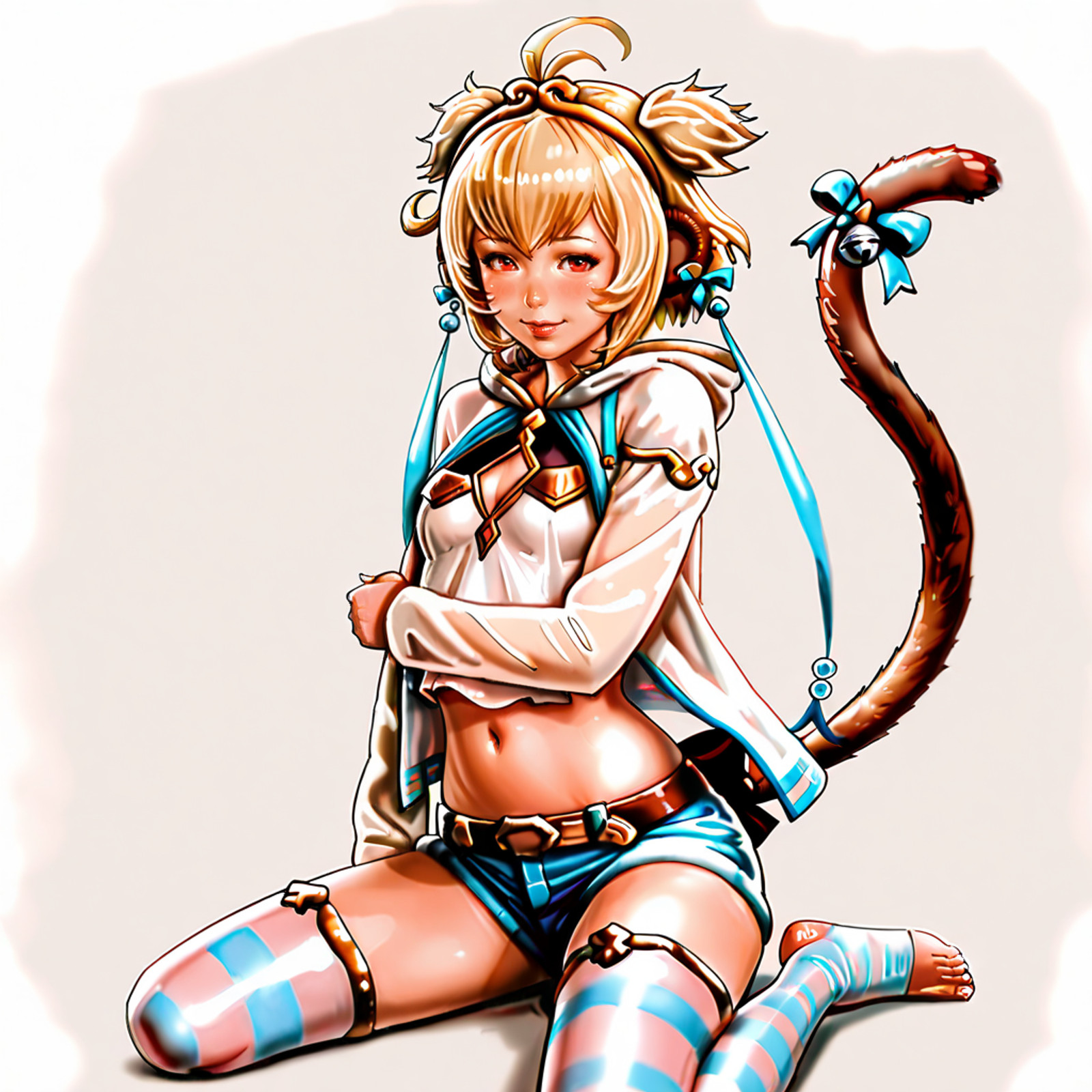 <lora:misterjer_illustrious_v1:1> score_9, misterjer_style, misterjer, source_artwork <lora:AndiraFlowerFrolic_illustrious_v1:.7>  AndiraFlowerFrolic, 1girl, tail ornament, andira (granblue fantasy), blonde hair, blue shorts, striped thighhighs, animal ears, navel, toeless legwear, tail ribbon, erune, red eyes, monkey tail, short hair, midriff, short shorts, blue ribbon, clothing cutout, tail bell, open jacket, hood down, denim shorts, cleavage cutout, tail bow, hairband, jewelry, small breasts, long sleeves, belt, open clothes