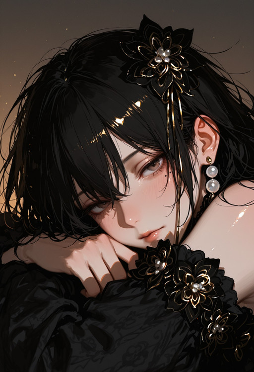 masterpiece, best quality, ultra-detailed, 8k resolution, ma1ma1helmes_b_illu,sketch, XUER guangying, high dynamic range, absurdres, stunningly beautiful, intricate details, sharp focus, surreal profile, cinematic color grading, high-resolution texture, realistic, adult woman, solo, newest, 32k skin texture, beautiful skin, looking at the viewer, 1girl, solo, close-up,
long black hair, slightly messy hair,
soft brown eyes, half-lidded eyes,
glossy lips, small beauty mark under eye,
flushed cheeks, dewy skin,
Black thick knit, from side,
delicate ribbon details,
pearl earrings,
Black floral hair accessory, gold inner floral,
resting head on folded arms,
intimate pose, gentle gaze,
warm low light,
soft shadows,
romantic atmosphere,
masterpiece, best quality