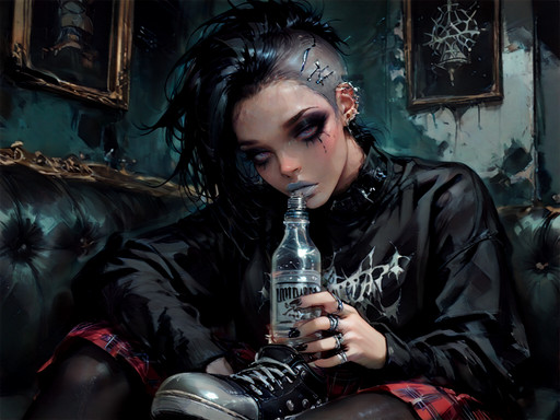 masterpiece, best quality, amazing quality, very aesthetic, high resolution, ultra-detailed, absurdres, newest, 1girl, goth theme, solo,elaborate spiked mohawk hair,(white lipstick, bimbo makeup, silver jewelry, character centered), ornate hairpin set with gems, ruffled high-collar shirt, punk plaid kilt, punk patchwork mantle, studded sneakers, metallic claw rings overlay, , drinking from bottle, <lora:Almualim_s_style_-_Cartoony_PonyXL__-_Western_Art_-_Focused_on_thickness__curvy__thick_milfs_:1>