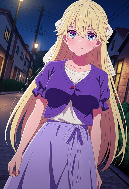 anime screencap, masterpiece, best quality,
closed mouth, light smile, blush,
1girl, solo, very long hair, blonde hair, multicolored eyes, hair between eyes, blue eyes, pink eyes, white hair bow, medium breasts, collarbone,
 purple cardigan, open cardigan, puffy short sleeves, frilled sleeves, white shirt, tucked shirt, purple skirt, high-waist skirt, waist ribbon,
walking, looking at viewer, cowboy shot, dutch angle,
outdoors, street, night, utility pole, brick wall, house, bush, lamppost, photo background, blurry background,
 <lora:Tsubasa_Nanase-Outfit-2_CCK-000012:1>