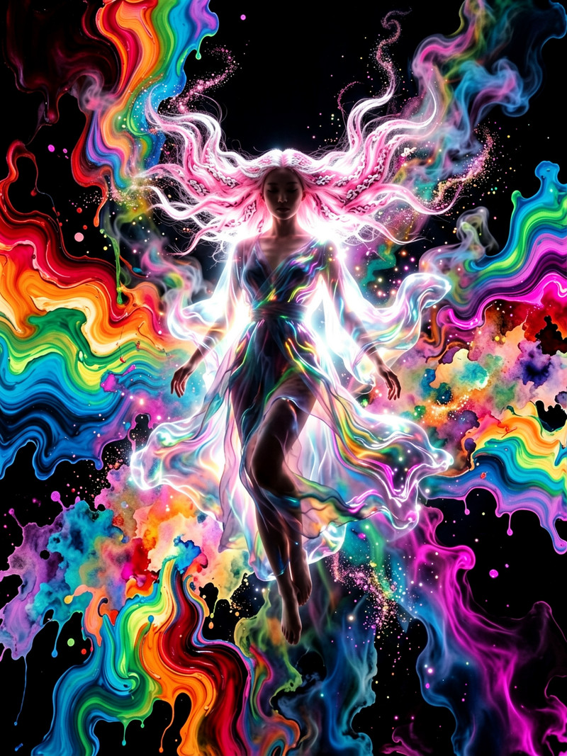 A solitary figure floats weightlessly, suspended within a vibrant sea of shifting, impossible colors against a