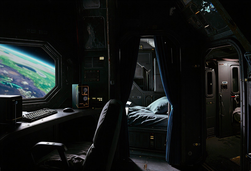 Create an image of an officer's quarters aboard a military spacecraft, looking into the room from the doorway.