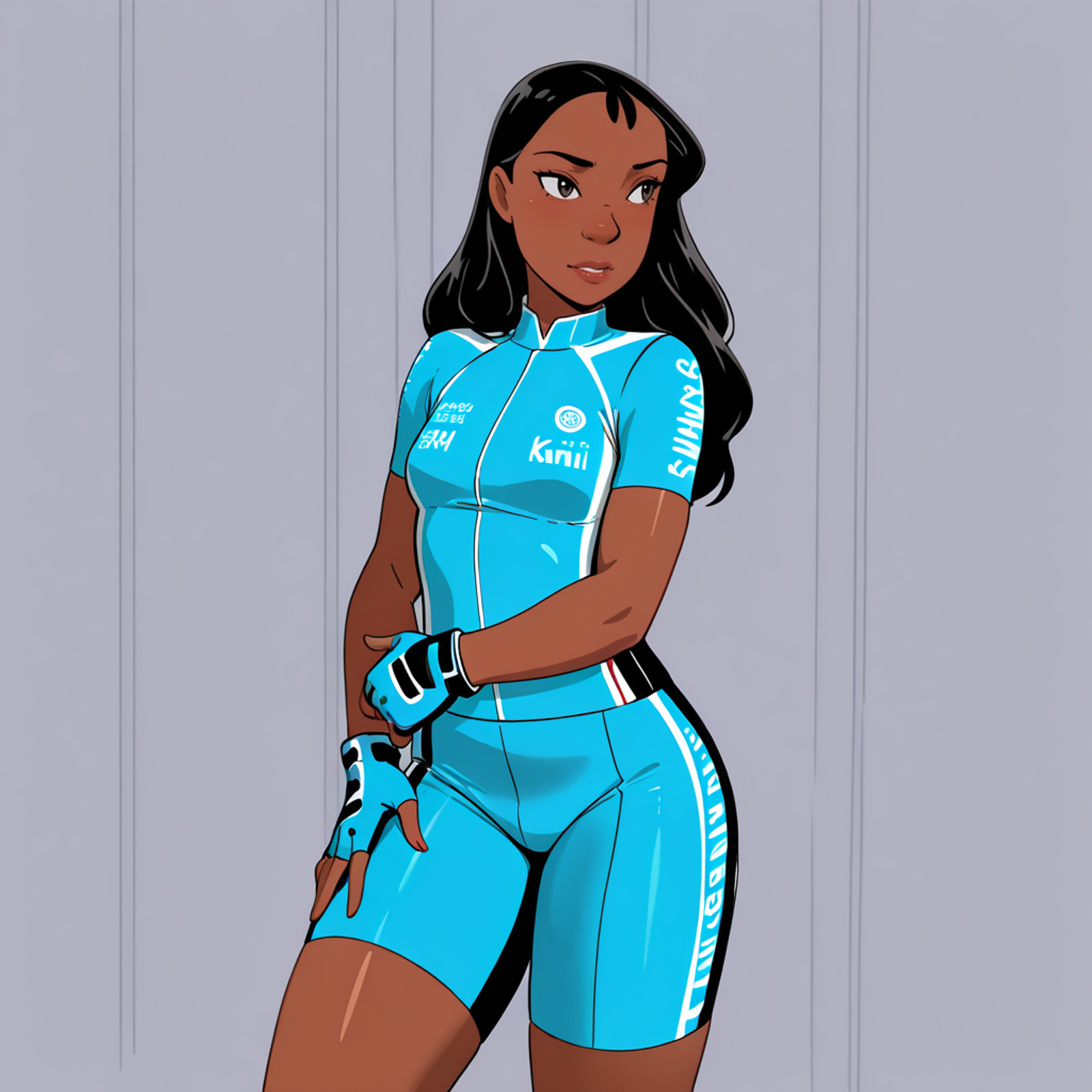 <lora:NaniL&S_illustrious_v1:1> NaniL&S,  very dark skin,  1girl,  dark-skinned female, black hair, long hair, small breasts, cowboy shot,  <lora:cycling-uniform-illustriousxl-lora-nochekaiser:1> cycling uniform, bike jersey, bike shorts, biker clothes, fingerless gloves, gloves, short sleeves,