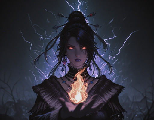 1girl, looking at viewer,
lulu \(ff10\), upper body, official style, magic, fire, thunder, dark theme, glowing eyes, purple lips,
depth of field, blurry foreground, blurry, masterpiece, best quality, very aesthetic, newest, absurdres, detailed background, photo background,