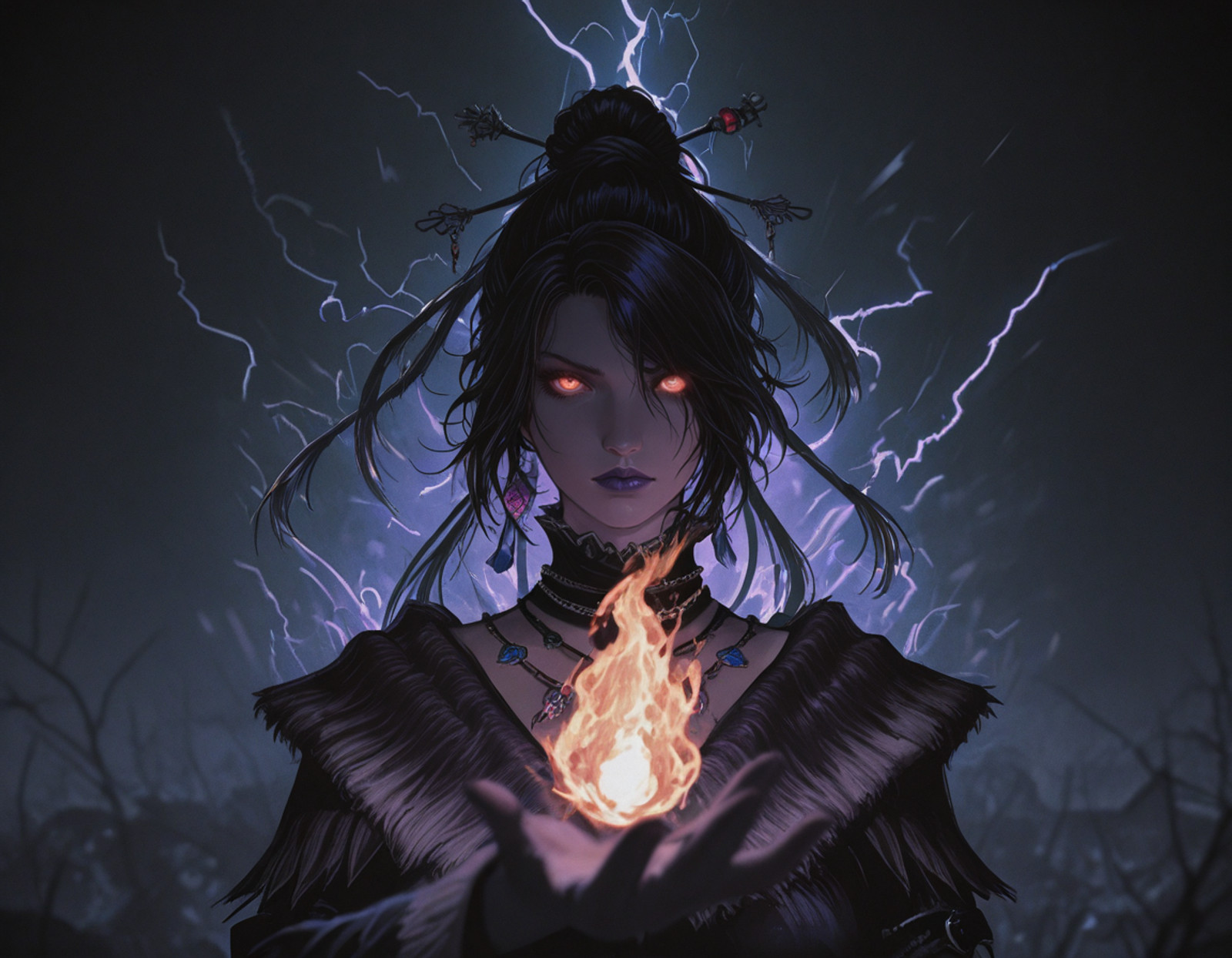 1girl, looking at viewer,
lulu \(ff10\), upper body, official style, magic, fire, thunder, dark theme, glowing eyes, purple lips,
depth of field, blurry foreground, blurry, masterpiece, best quality, very aesthetic, newest, absurdres, detailed background, photo background,