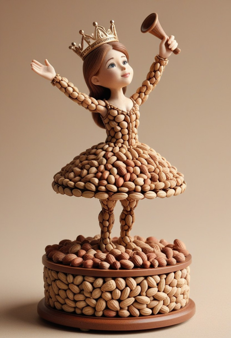 Miniature gramophone musical box entirely constructed from arranged miniature peanuts, (gramophone body, horn,