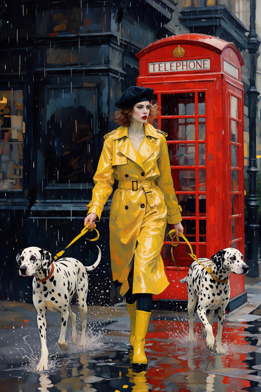 kaoruyamada2q painting.  
Woman walking two Dalmatians on a rainy London street. She is dressed in a glossy, bright yellow trench coat with a matching belt and yellow rubber rain boots, wearing a chic black beret and bold red lipstick. She strides confidently to the left, holding two yellow leashes as the spotted dogs trot ahead through puddles, creating small water splashes. Directly behind her is an iconic bright red British telephone booth, which provides a sharp color contrast against the dark, matte black facade of the building in the background. She is looking off camera over her shoulder.  <lora:Qwen-Image-Lightning-4steps-V2.0:0.5> <lora:kaoruyamada2q_d16a8e7:1.0><lora:TA-2026-02-01-02-31-02-kaoruyamad-66:0>
